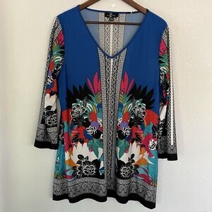 MELISSA PAIGE Women's Vibrant Colors Floral Blue Stretch Boho Tunic Size XL